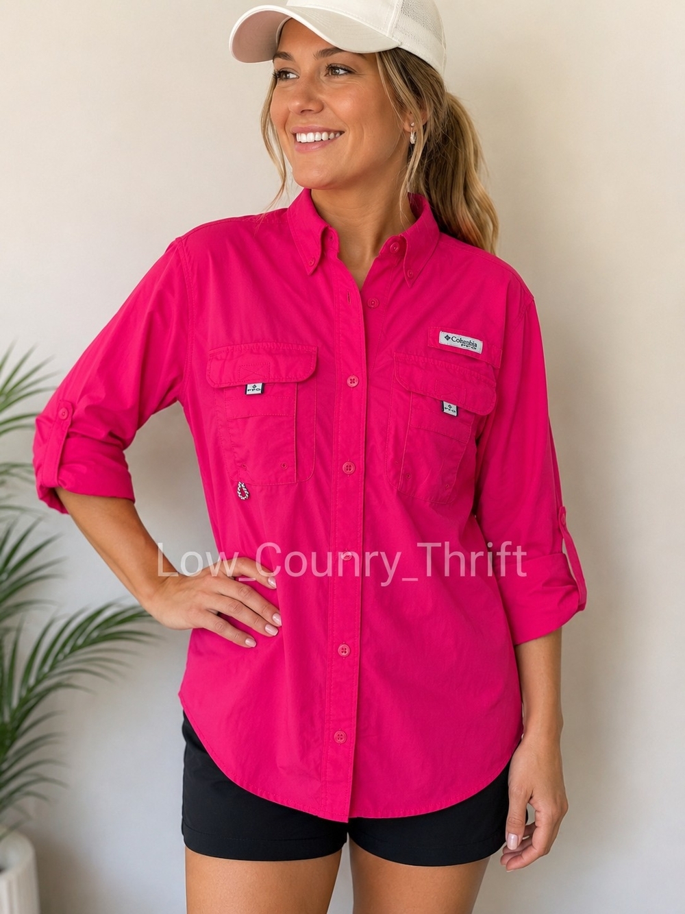 Columbia PFG Bahama II Pink Fishing Shirt Roll Tab Vented Women's Medium